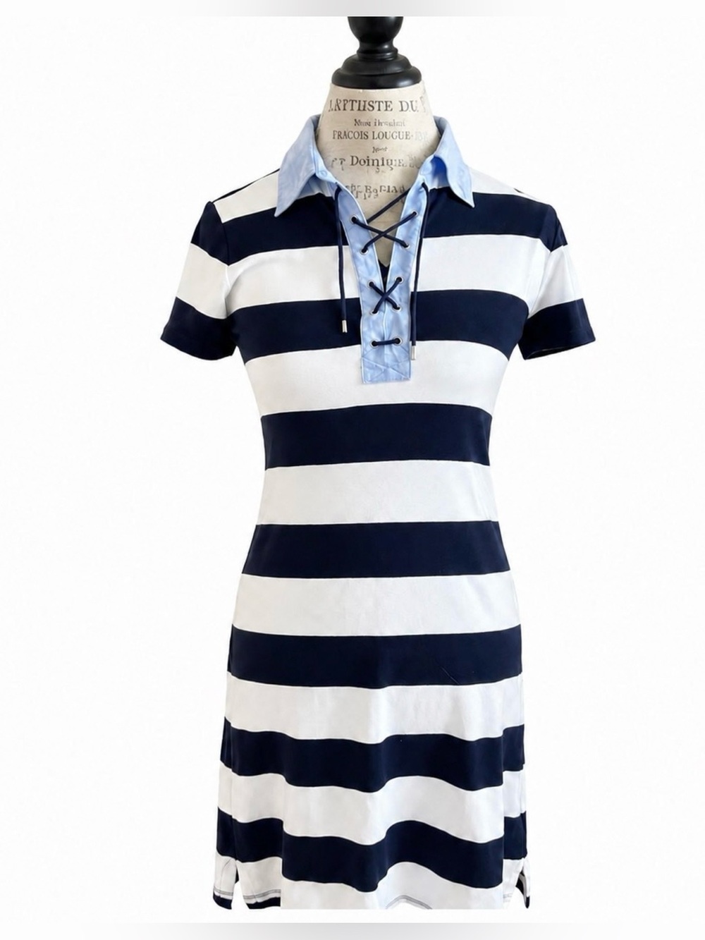 Chaps Navy White StripedPolo Dress/Nautical Lace-up. Size M
